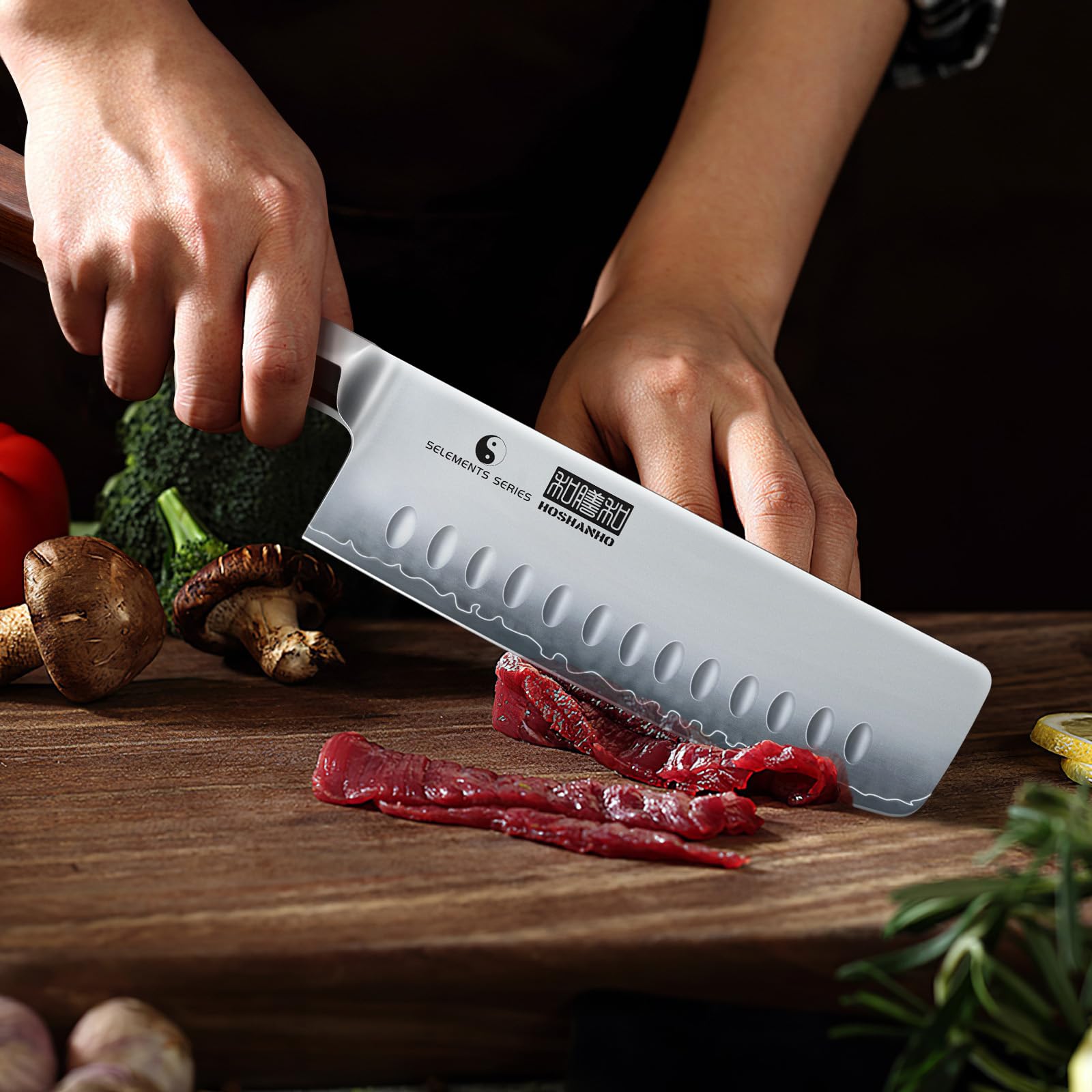 HOSHANHO Nakiri Knife natural red sandalwood handle shown for ergonomic comfort.