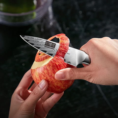 HOSHANHO paring knife in action for peeling vegetables and coring fruit.