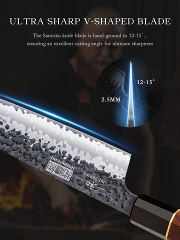 HOSHANHO Santoku knife cutting vegetables, highlighting versatility in the kitchen.