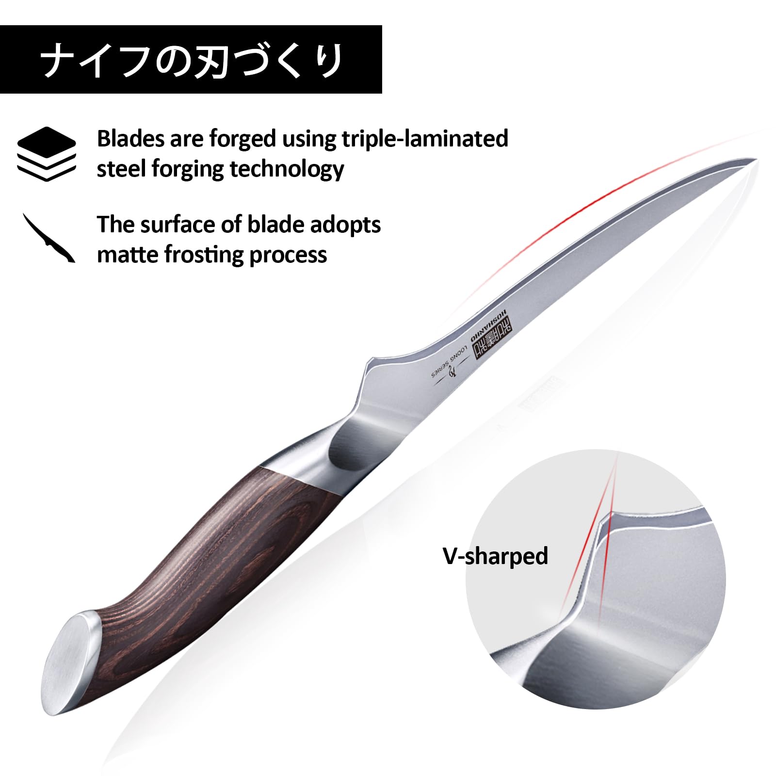 HOSHANHO slim 7-inch blade enables precise fish and meat cuts.