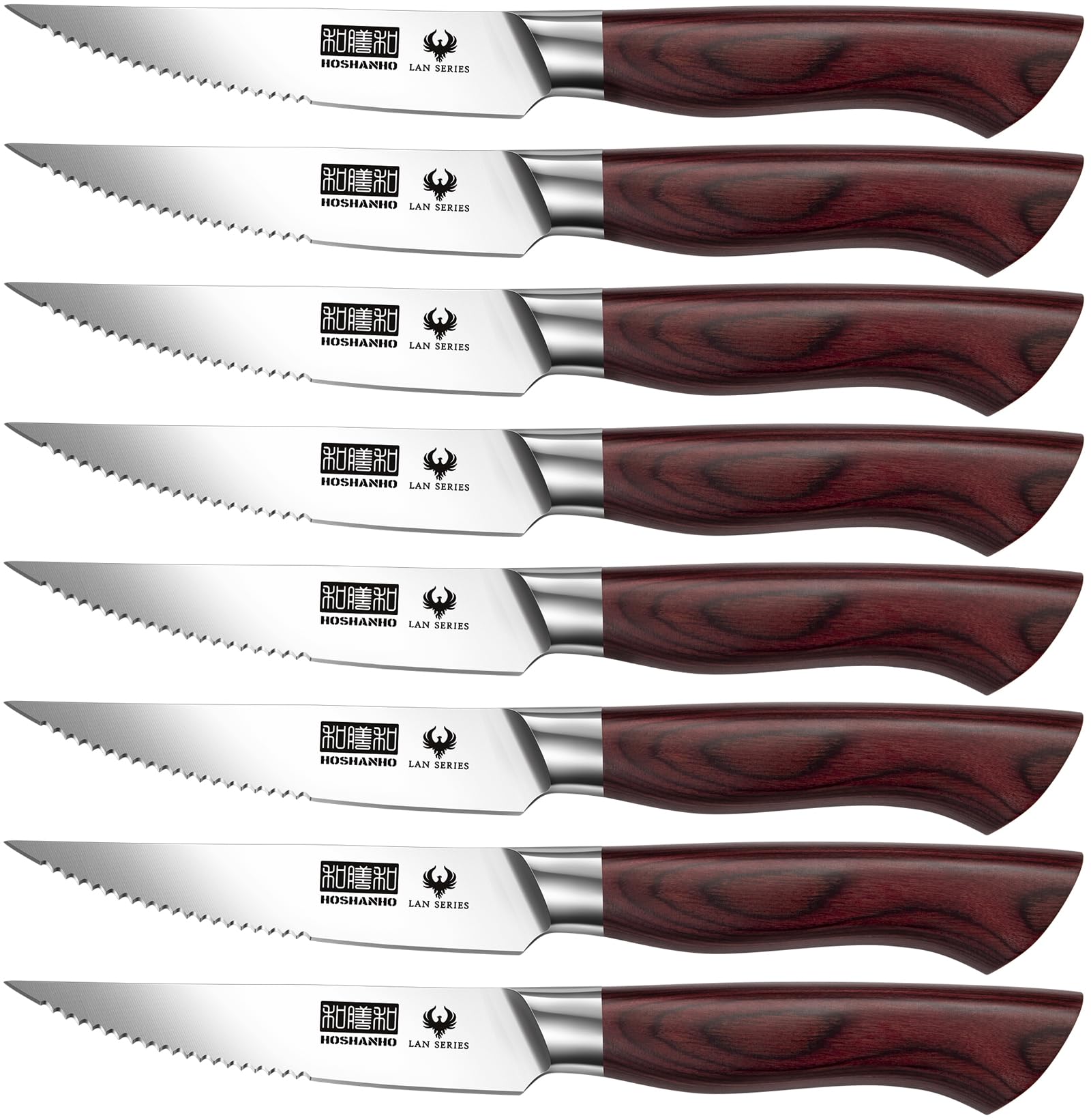 HOSHANHO steak knife set of 8 pieces with 4.5-inch blades for precise slicing.