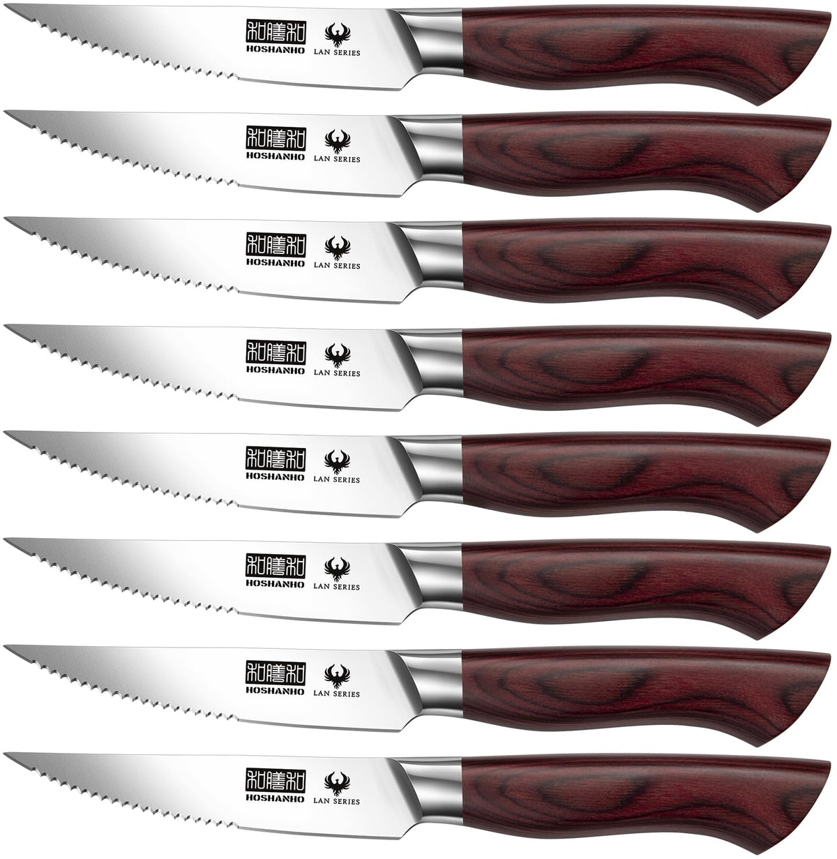 HOSHANHO steak knife set of 8 pieces with 4.5-inch blades for precise slicing.