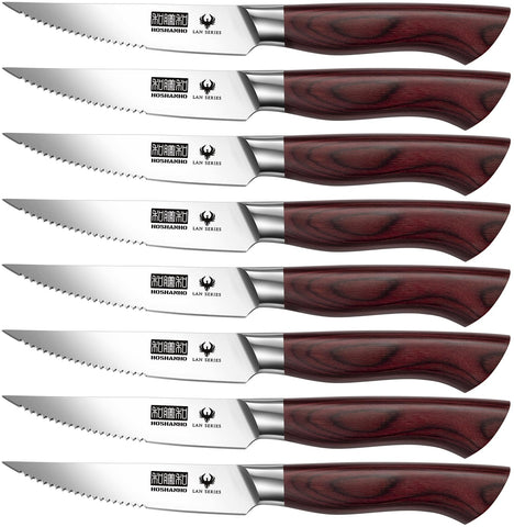 HOSHANHO steak knife set of 8 pieces with 4.5-inch blades for precise slicing.
