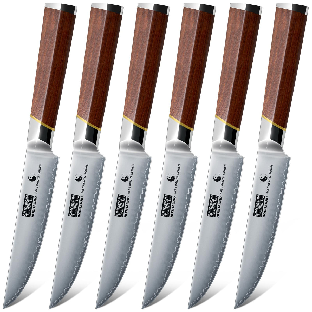 HOSHANHO steak knife blade close-up, sharp Japanese steel for precise cuts.
