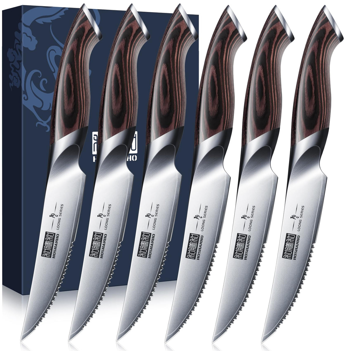 HOSHANHO steak knives set of 6 closeup razor edge showcases effortless slicing.