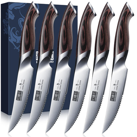 HOSHANHO steak knives set of 6 closeup razor edge showcases effortless slicing.