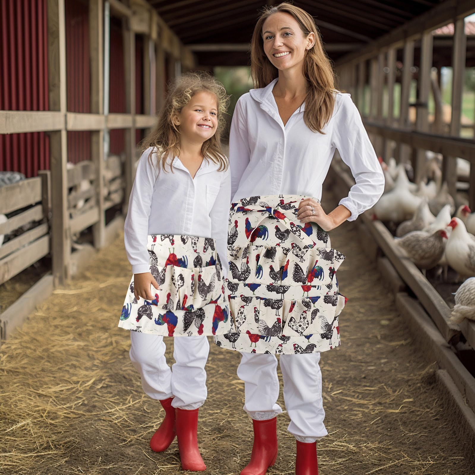 Hossmily farmhouse kitchen use helps keep clothing clean during family egg gathering.
