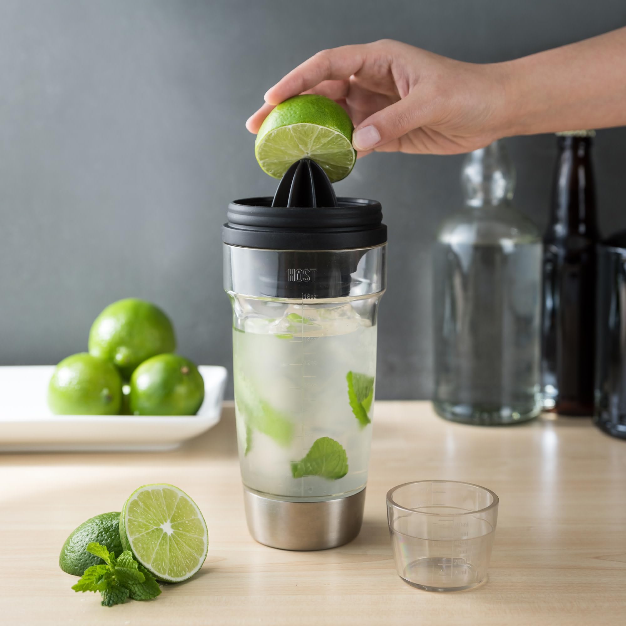 Host All-in-One Cocktail Shaker holds 18 ounces for generous servings.