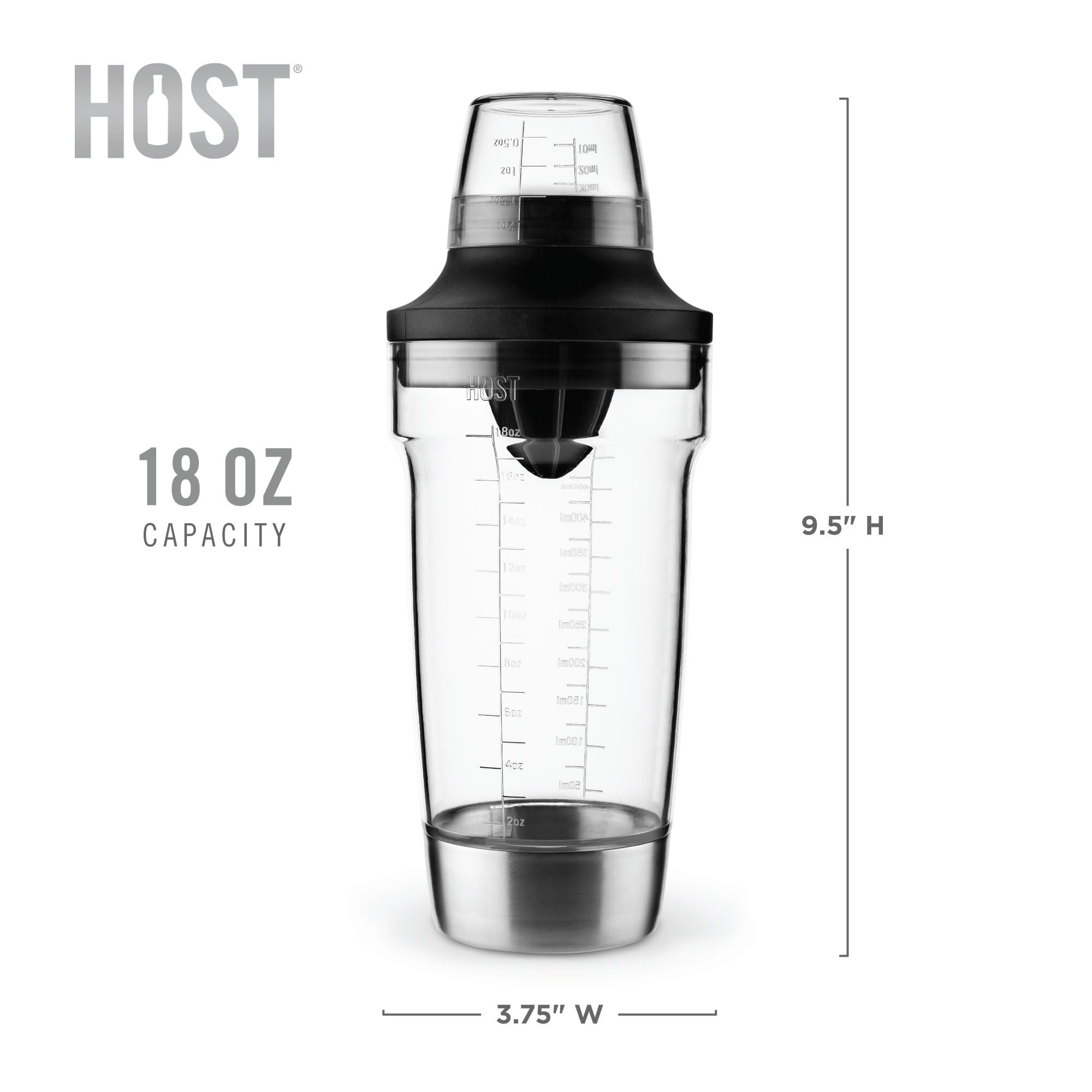 Host shaker features a hidden bottle opener for quick caps removal.