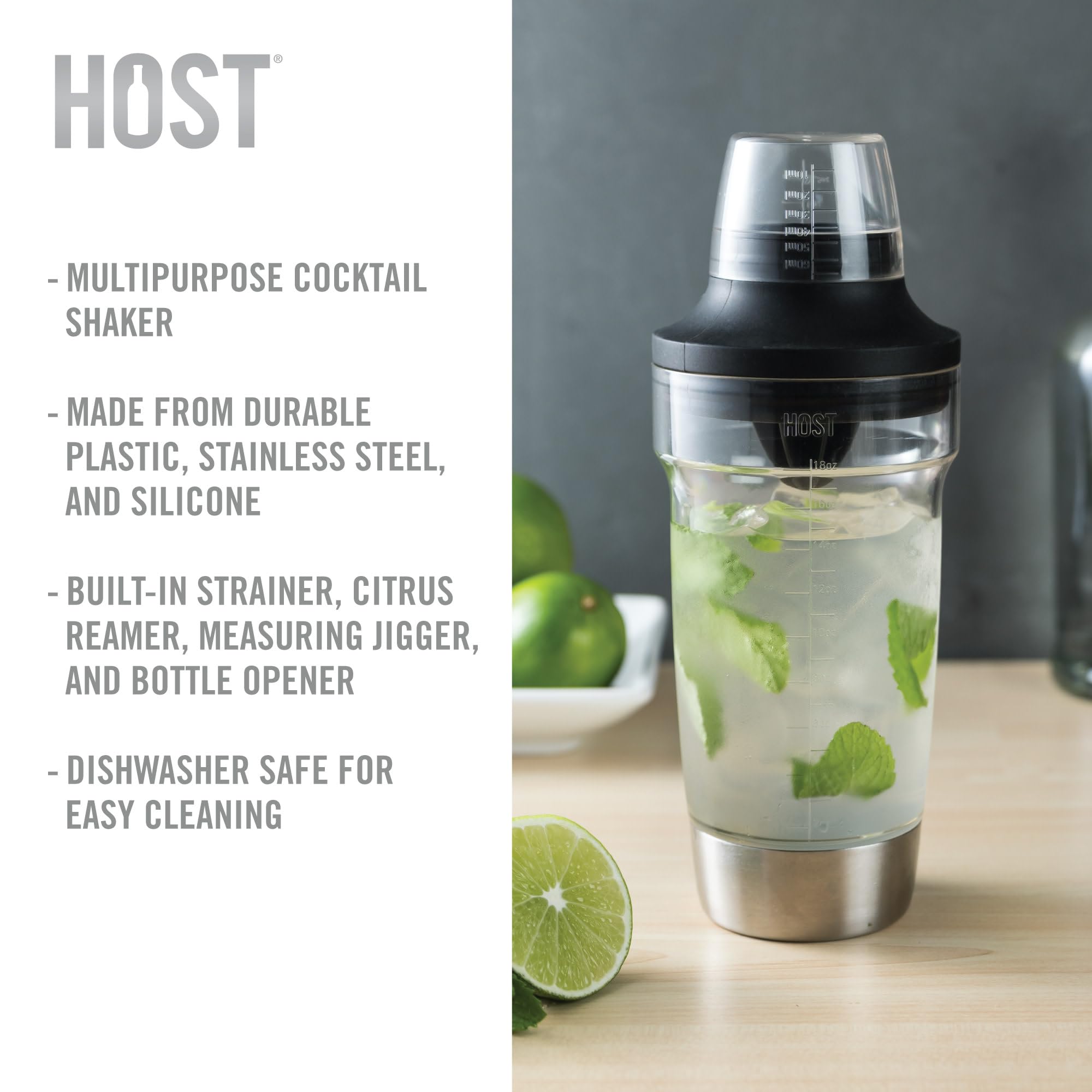 Host shaker with built-in strainer provides smooth pours.