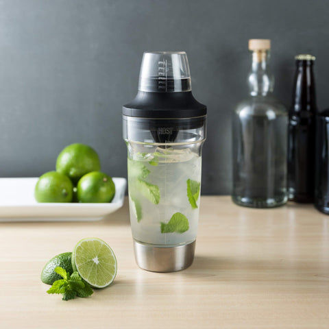 Host shaker includes a jigger for accurate measurements.