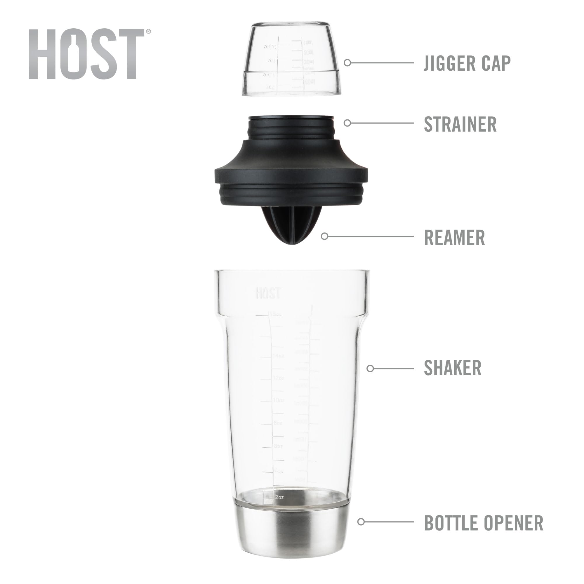 Host shaker includes juice reamer for fresh citrus additions.