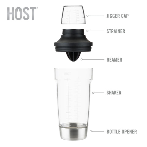 Host shaker includes juice reamer for fresh citrus additions.