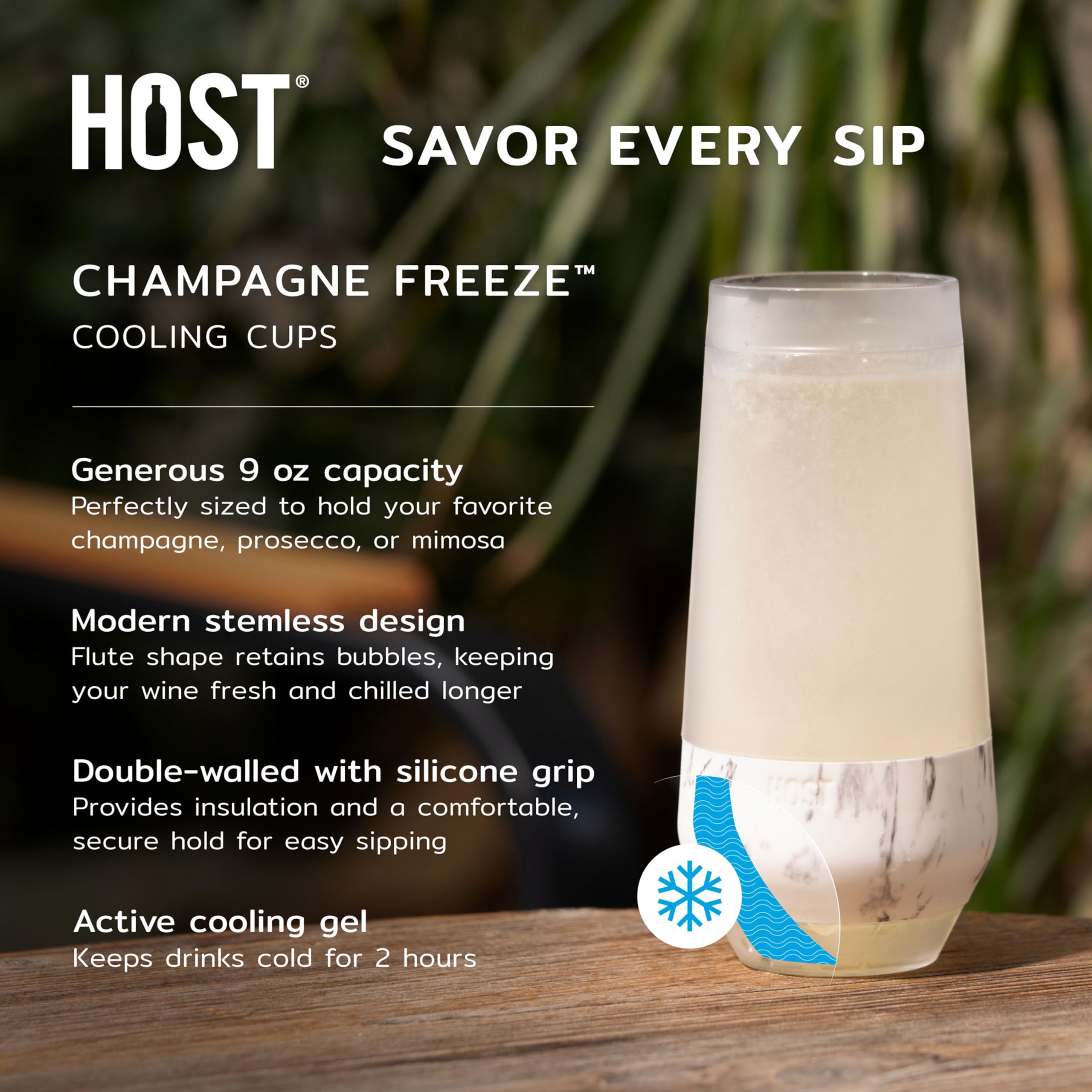 Host Champagne Freeze glasses in freezer, showing active cooling gel.