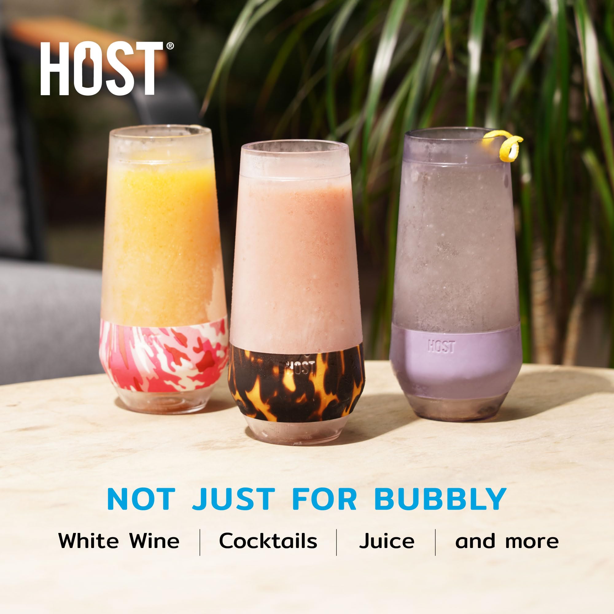 Host Champagne Freeze glasses outdoors for outdoor-friendly chilling of bubbly.