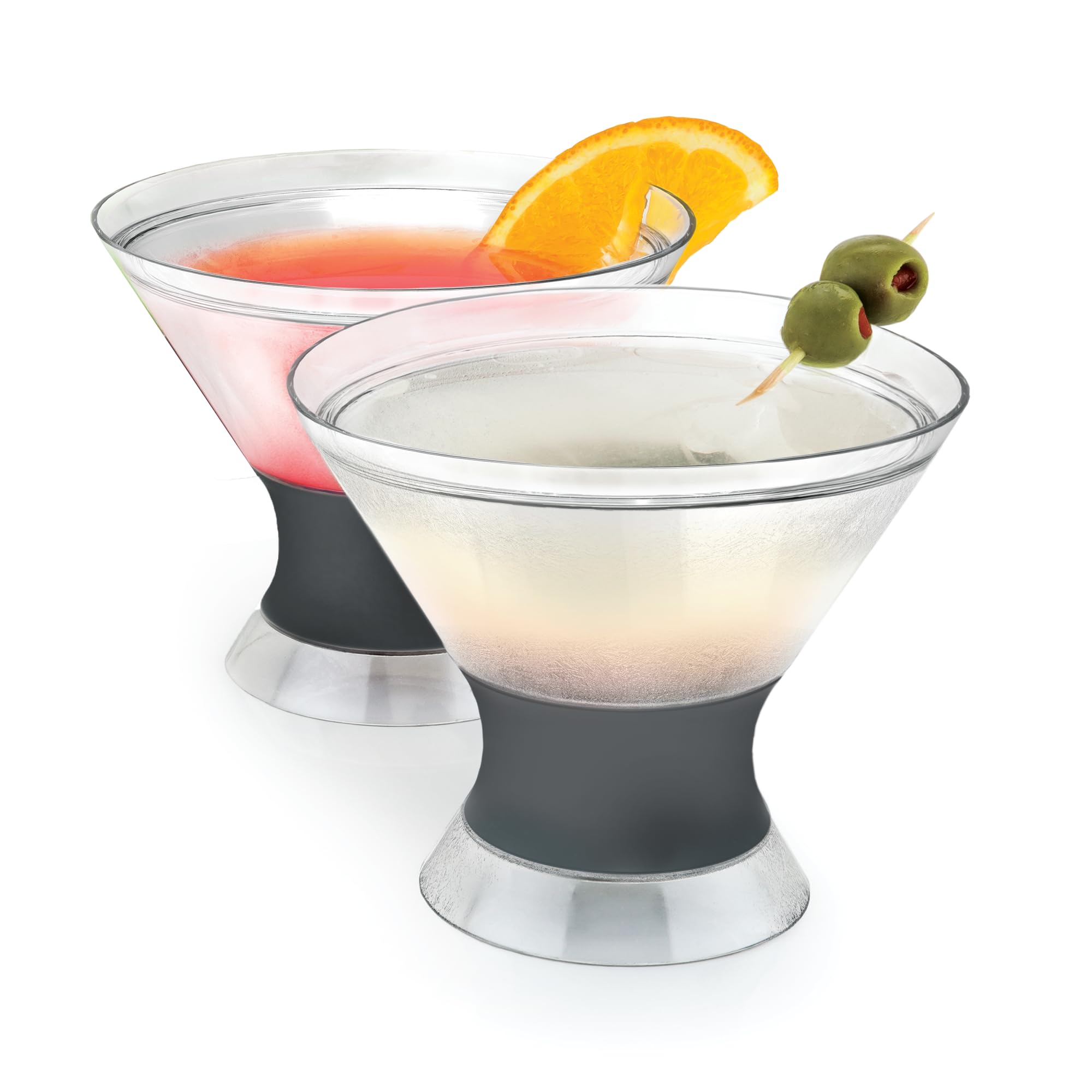 Host Freeze martini glasses two-pack showing frosty, stemless design for chilled cocktails.
