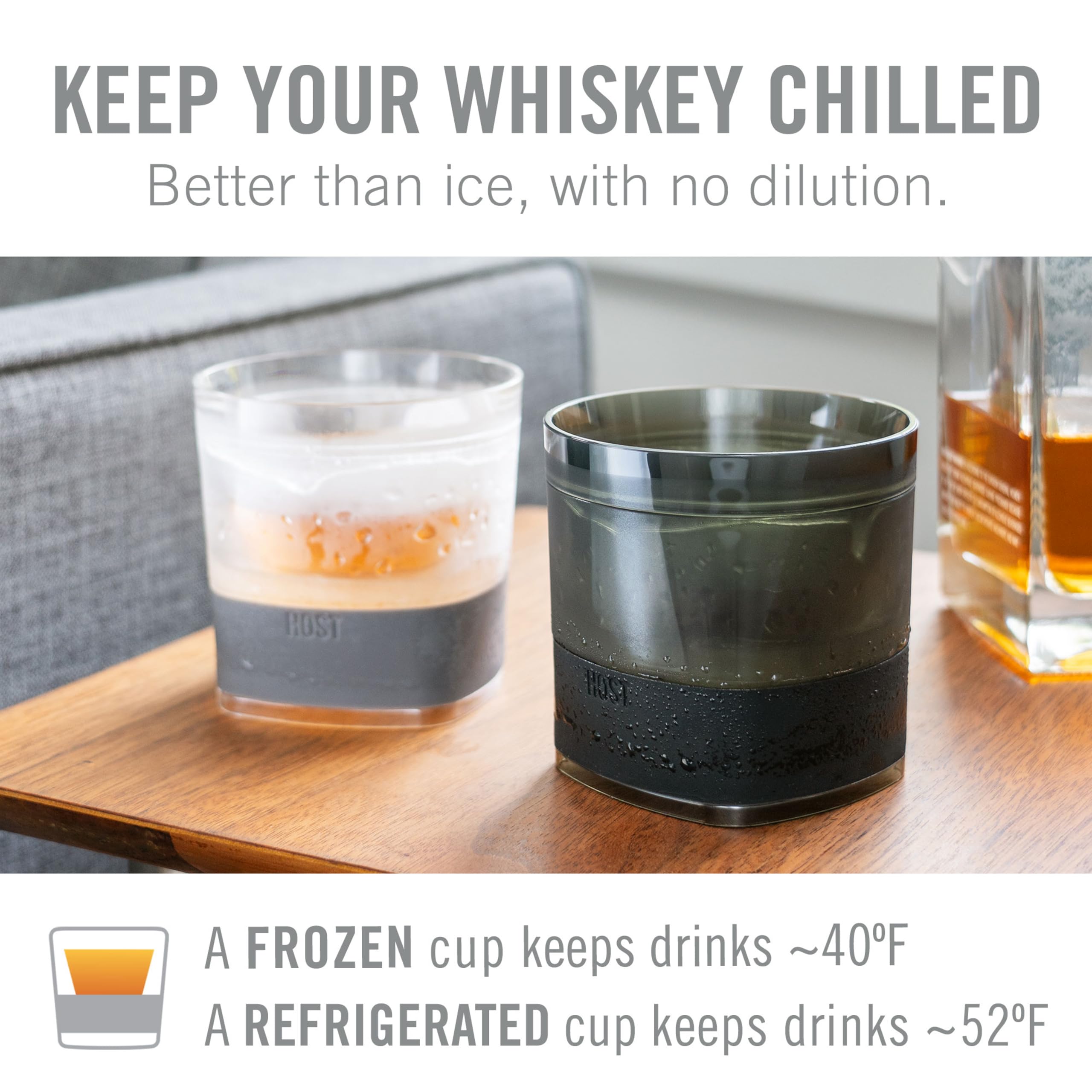 Host Whiskey Freeze glass shows a silicone-base band for easy outdoor sipping.