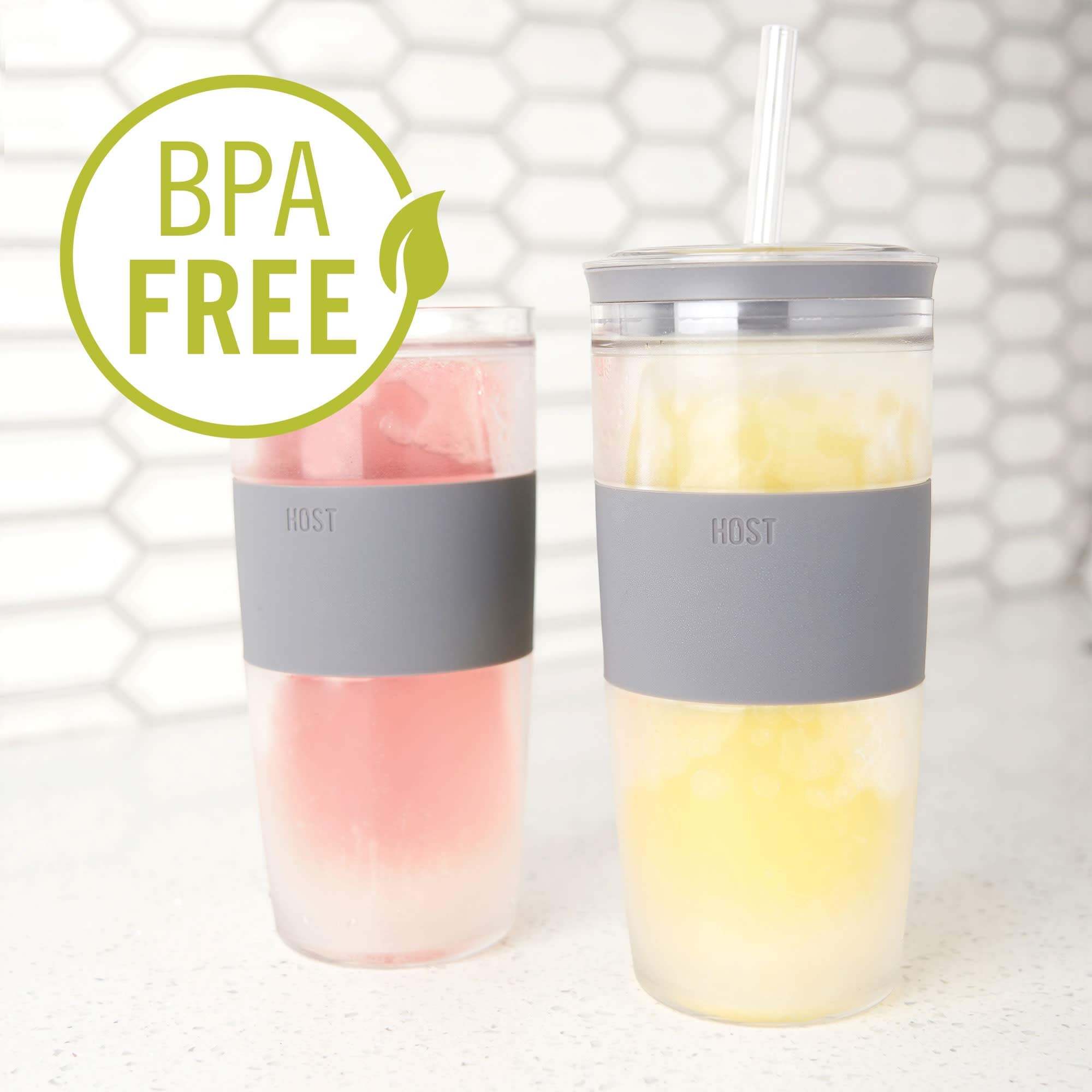 Host tumbler shows versatile drink compatibility for water, juice, tea, and beer.
