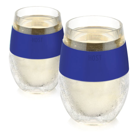 Host Wine Freeze cups blue pair showing double-wall insulation for cooler wine sips