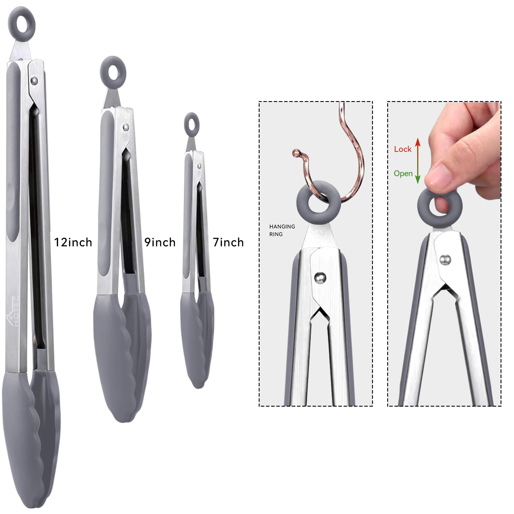 Hotec 12-inch stainless steel tongs with silicone tips for grilling and serving.
