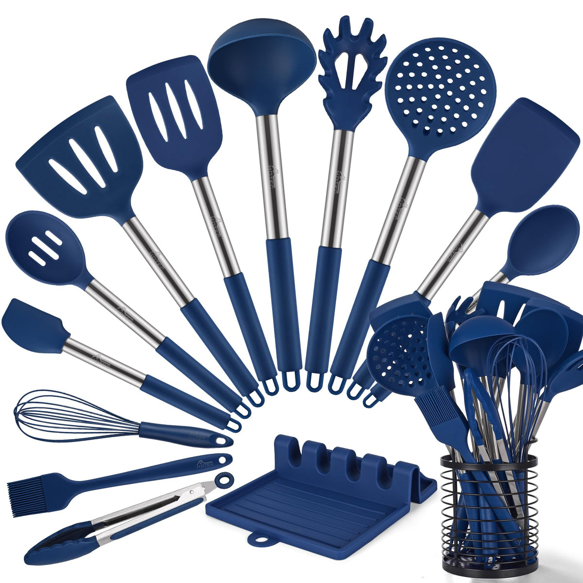 HOTEC 446°F heat-resistant silicone utensils set displayed on a kitchen counter.