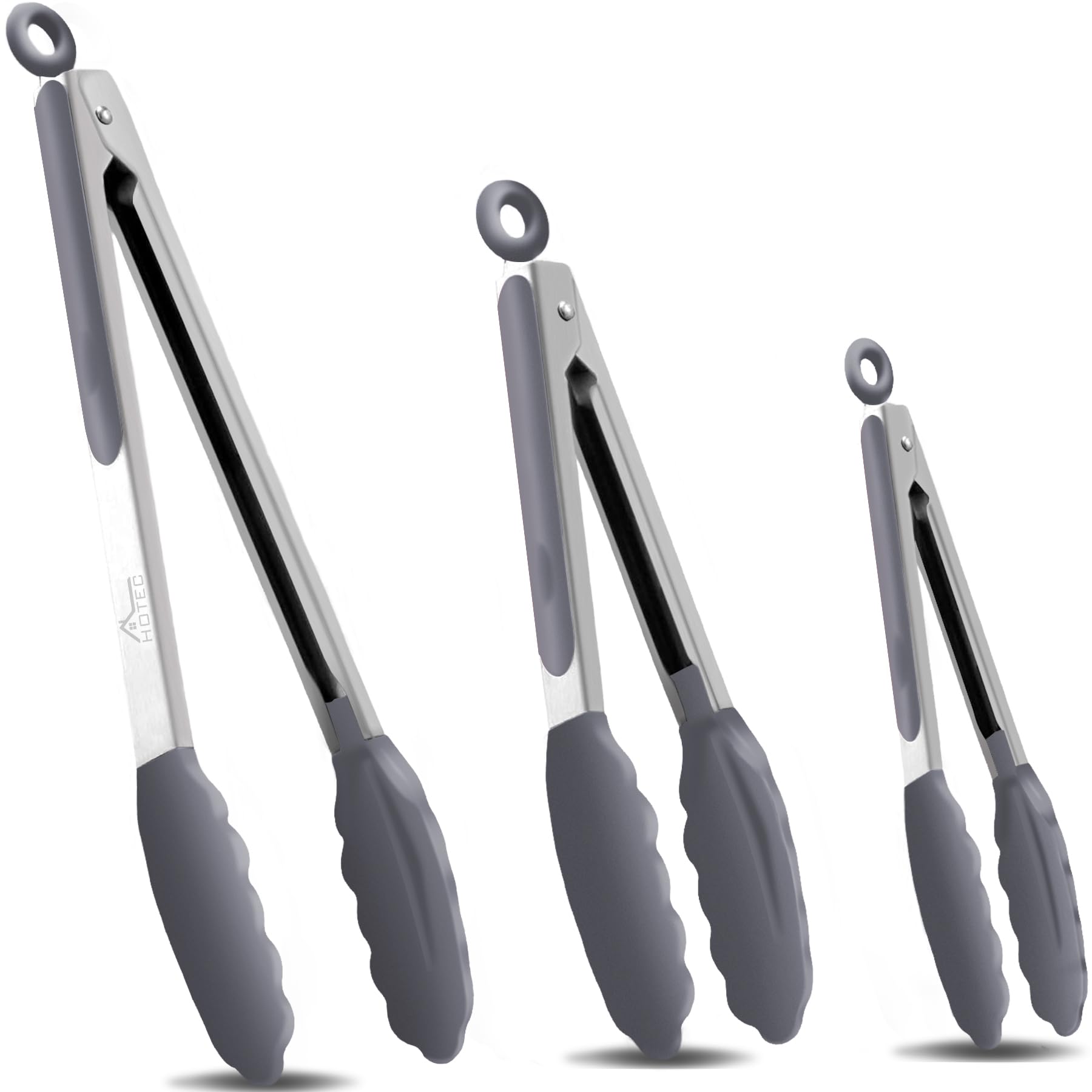 Hotec 7-inch stainless steel tongs with silicone tips for precise flipping.