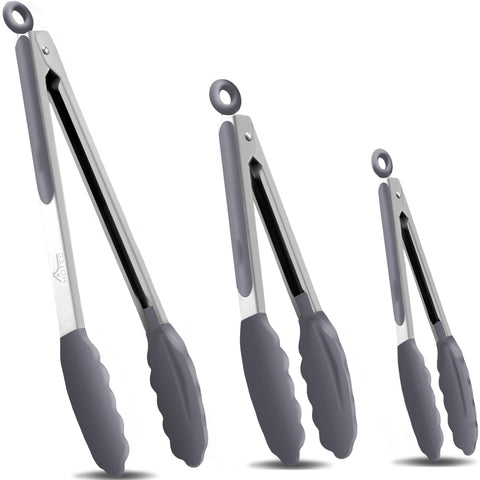 Hotec 7-inch stainless steel tongs with silicone tips for precise flipping.