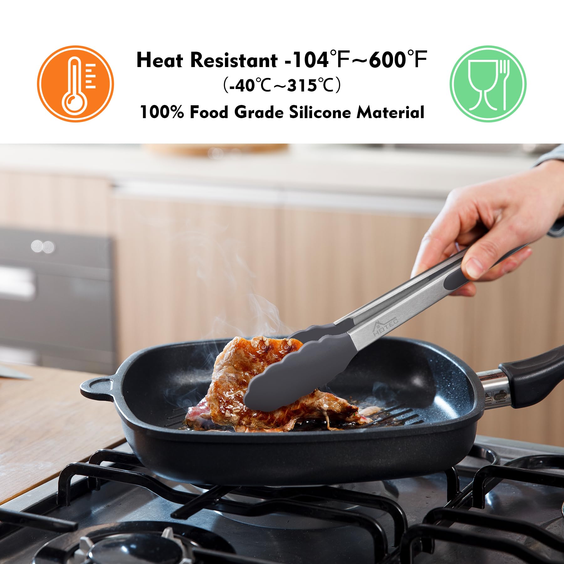 Hotec 9-inch stainless steel tongs with silicone tips for easy handling.