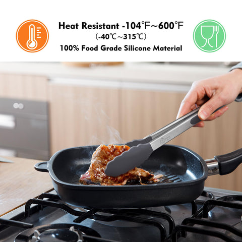 Hotec 9-inch stainless steel tongs with silicone tips for easy handling.