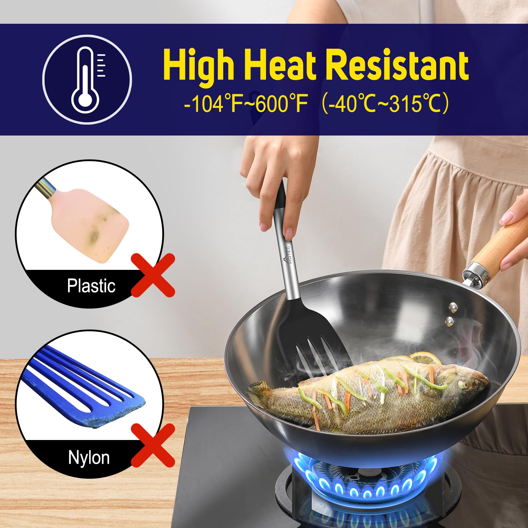 HOTEC nonstick-safe spatula protects pans while lifting sticky ingredients.