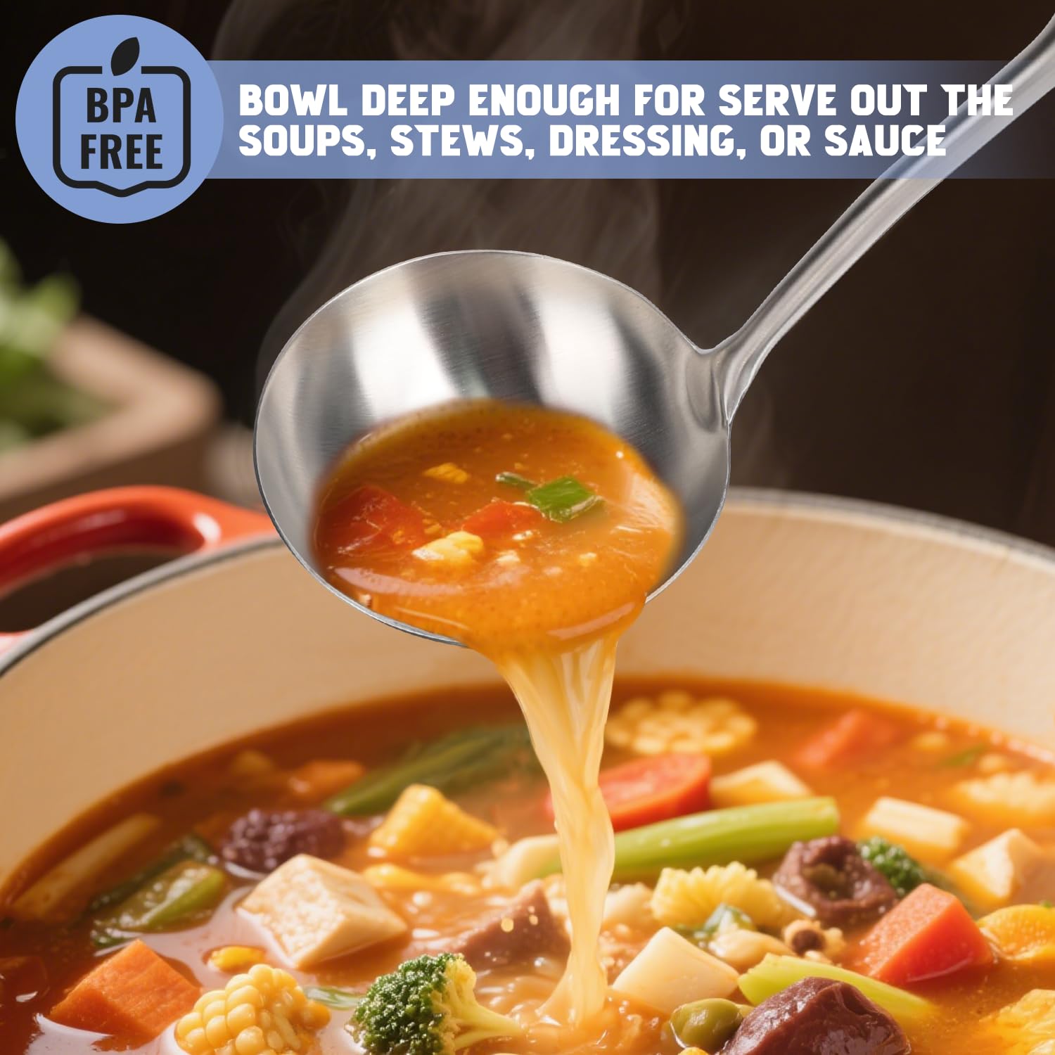 HOTEC ergonomic, hanging-hole ladle stores neatly and stays comfortable to use.