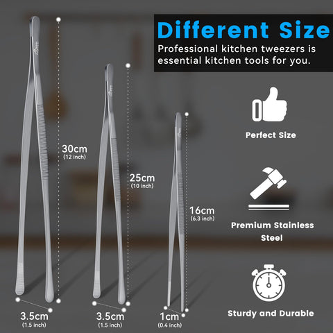 HOTEC kitchen tweezers 10-inch long reach for safe grilling and turning.