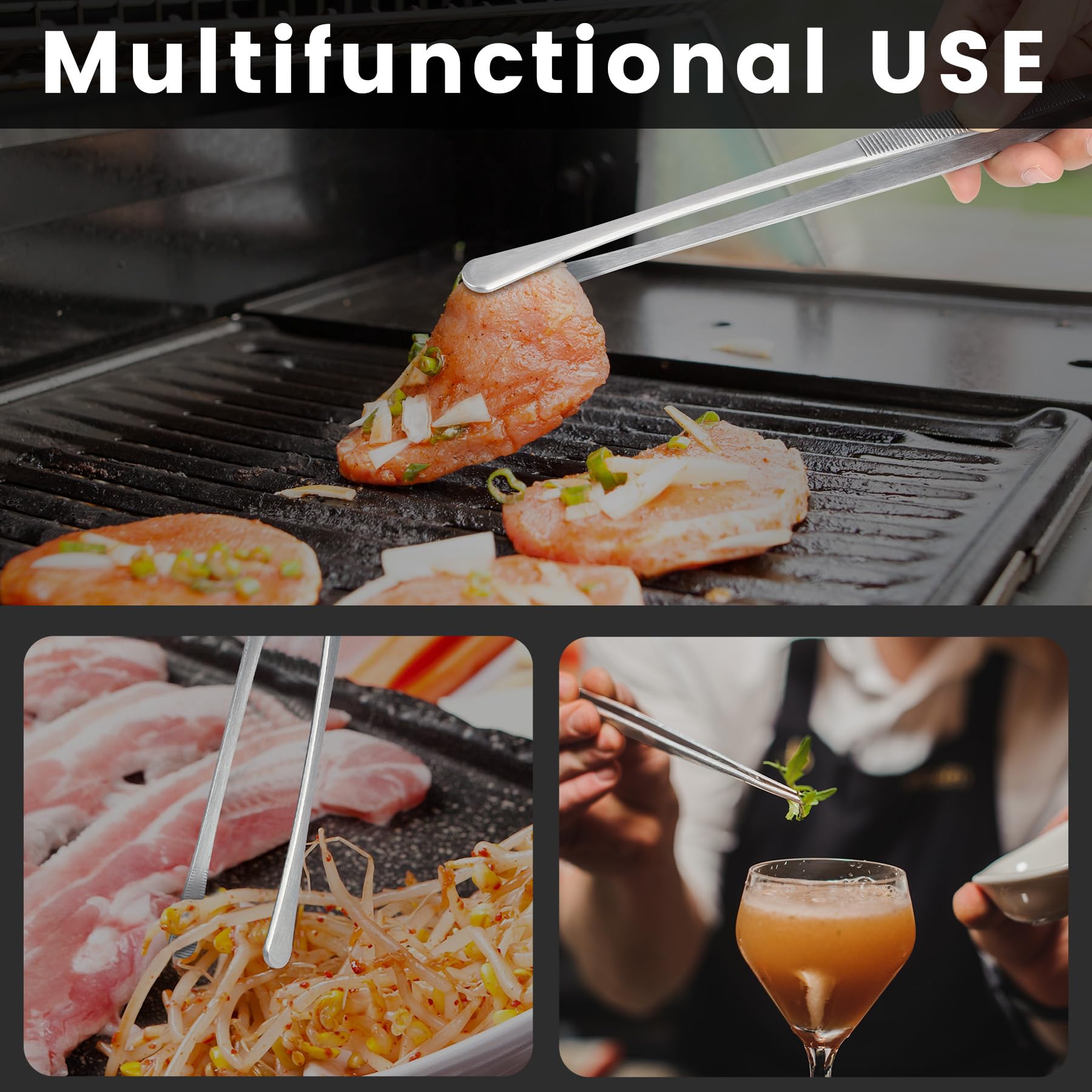 HOTEC kitchen tweezers 12-inch barbecue length for safer distance from heat.
