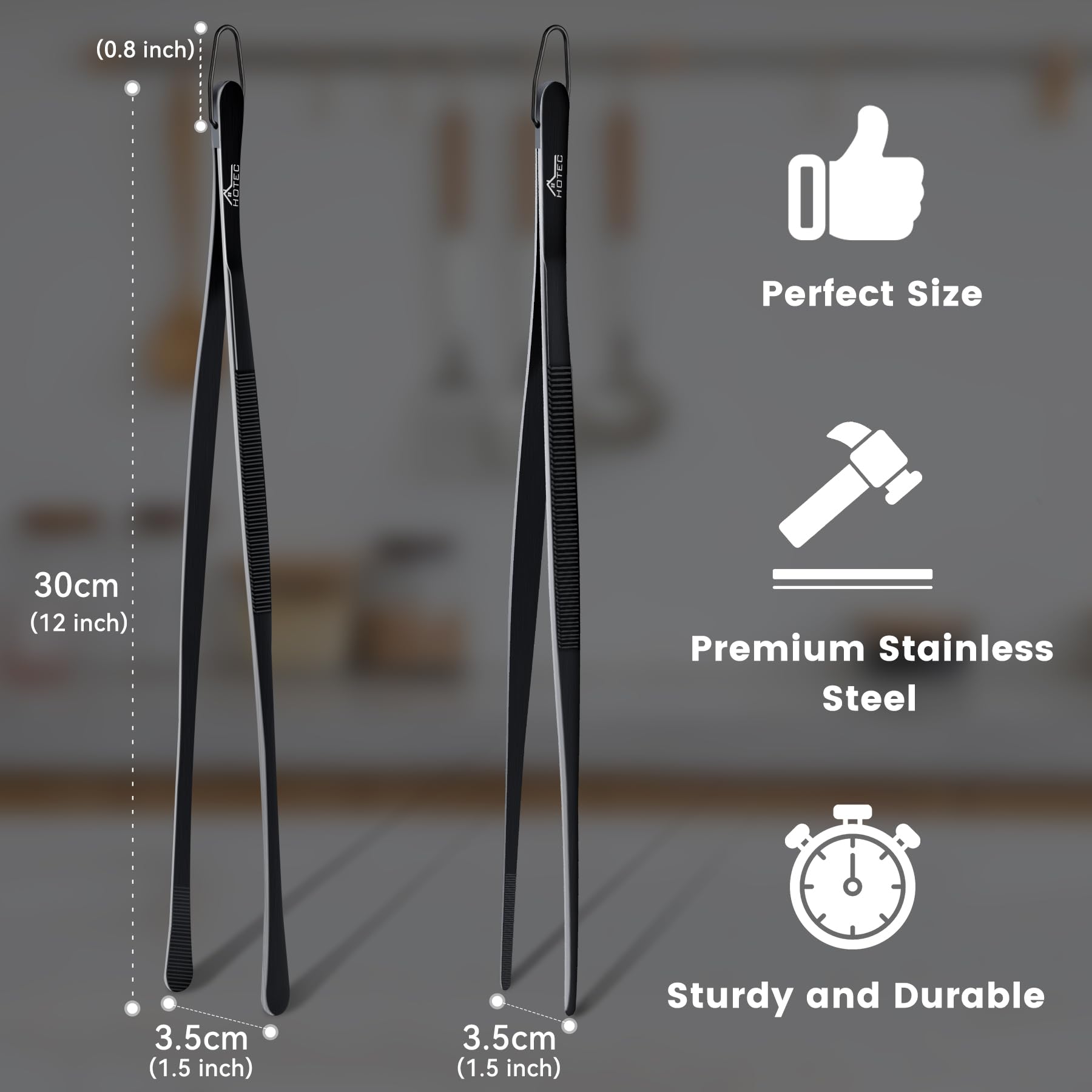 HOTEC kitchen tweezers 12in round-tip ideal for flipping larger items.