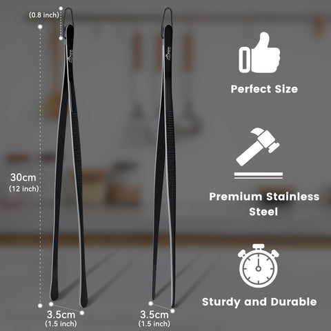 HOTEC kitchen tweezers 12in round-tip ideal for flipping larger items.