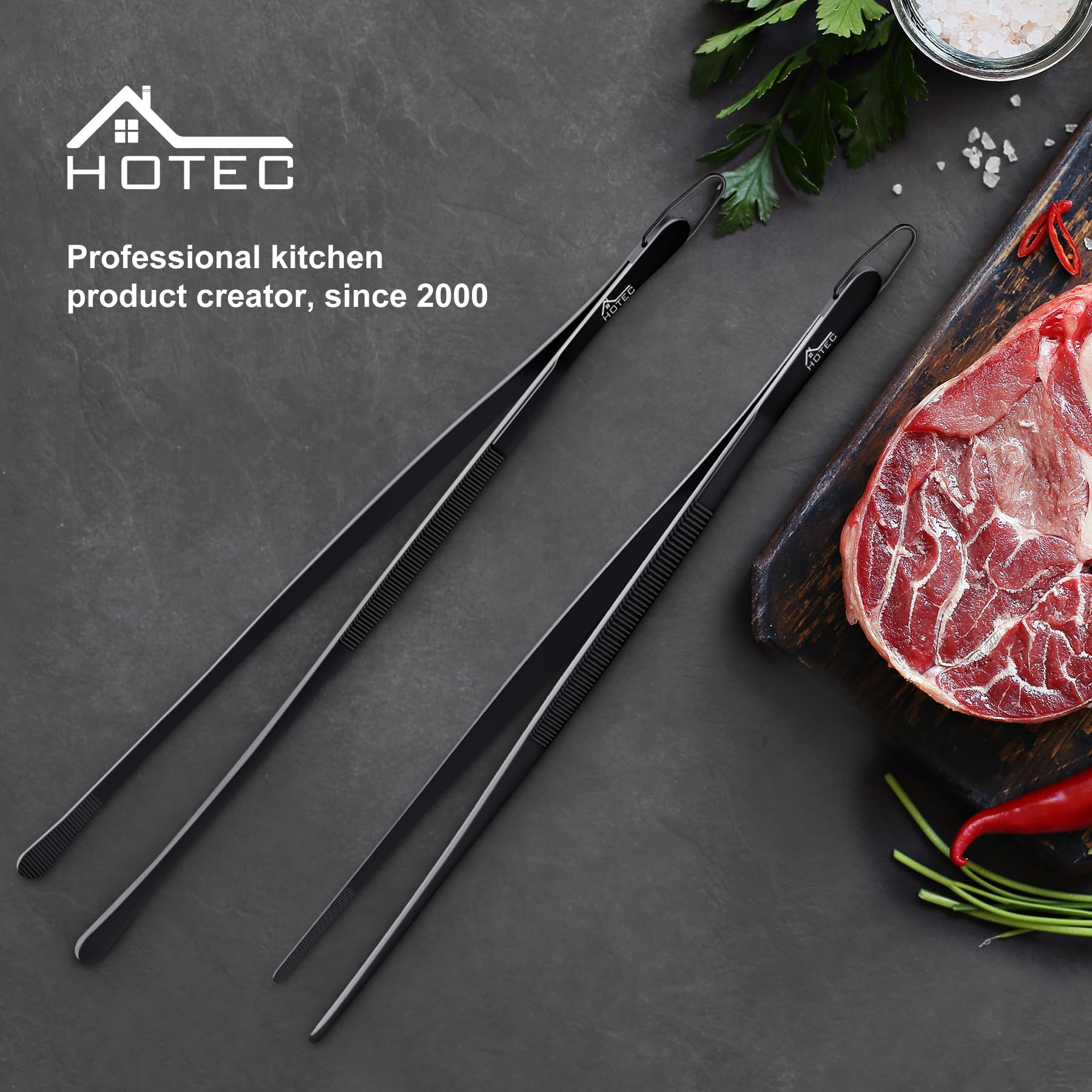 HOTEC extra-long tweezers reduce splatter while flipping burgers.