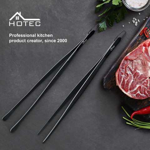 HOTEC extra-long tweezers reduce splatter while flipping burgers.