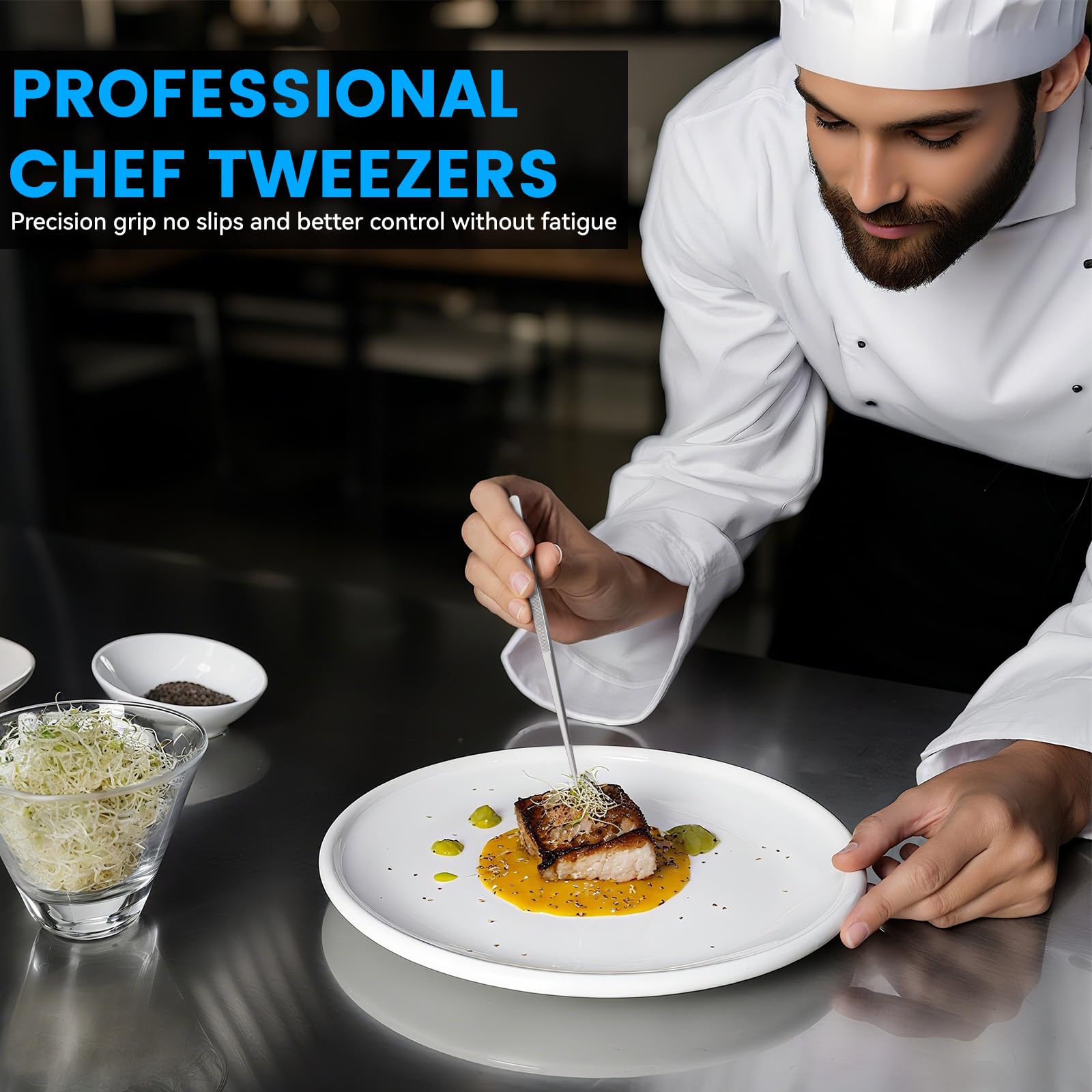 HOTEC kitchen tweezers 6.3-inch ribbed grip for secure control while plating.