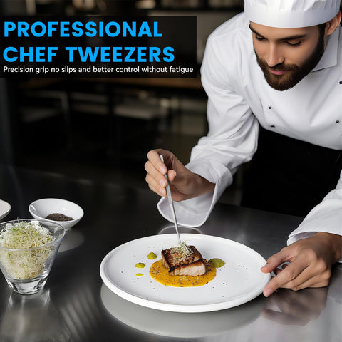 HOTEC kitchen tweezers 6.3-inch ribbed grip for secure control while plating.