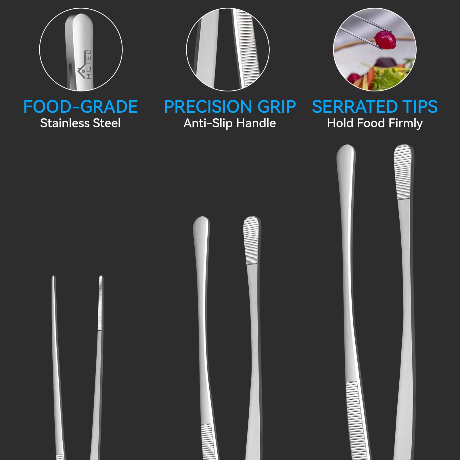 HOTEC kitchen tweezers one-piece dishwasher safe design for easy cleaning.