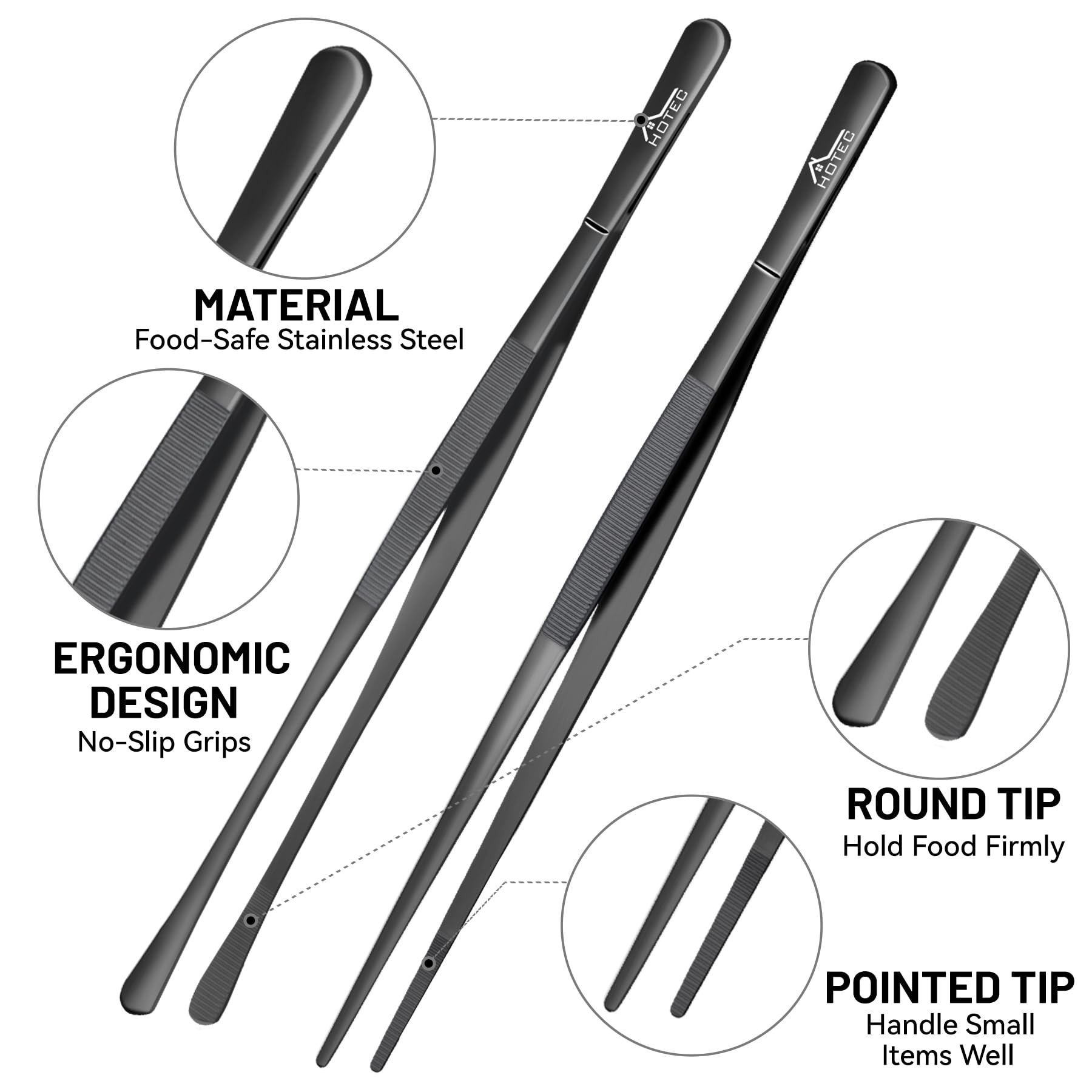 HOTEC Kitchen Tweezers versatile for steaks, fish, and vegetables.