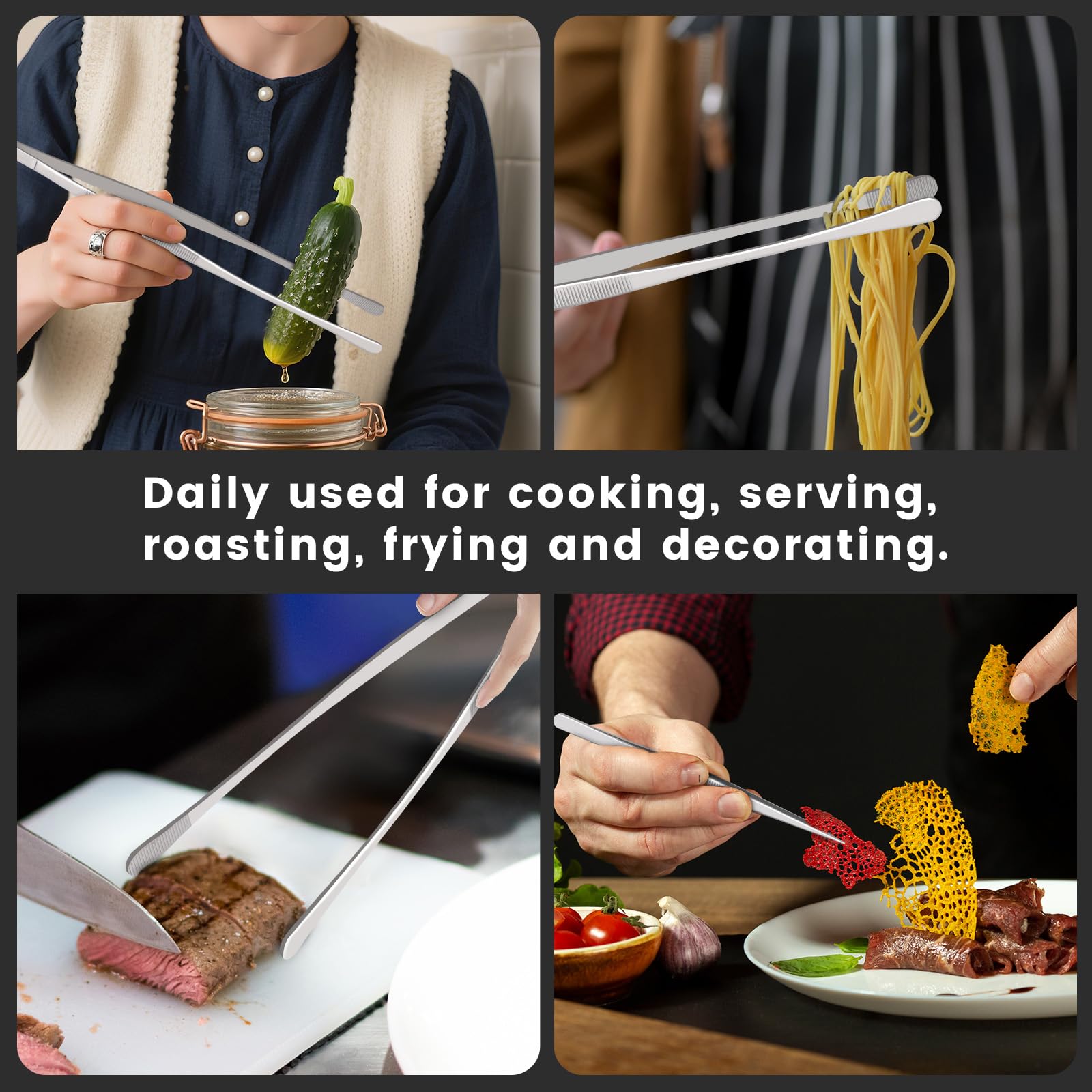 HOTEC kitchen tweezers round tip for flipping large items like steaks.
