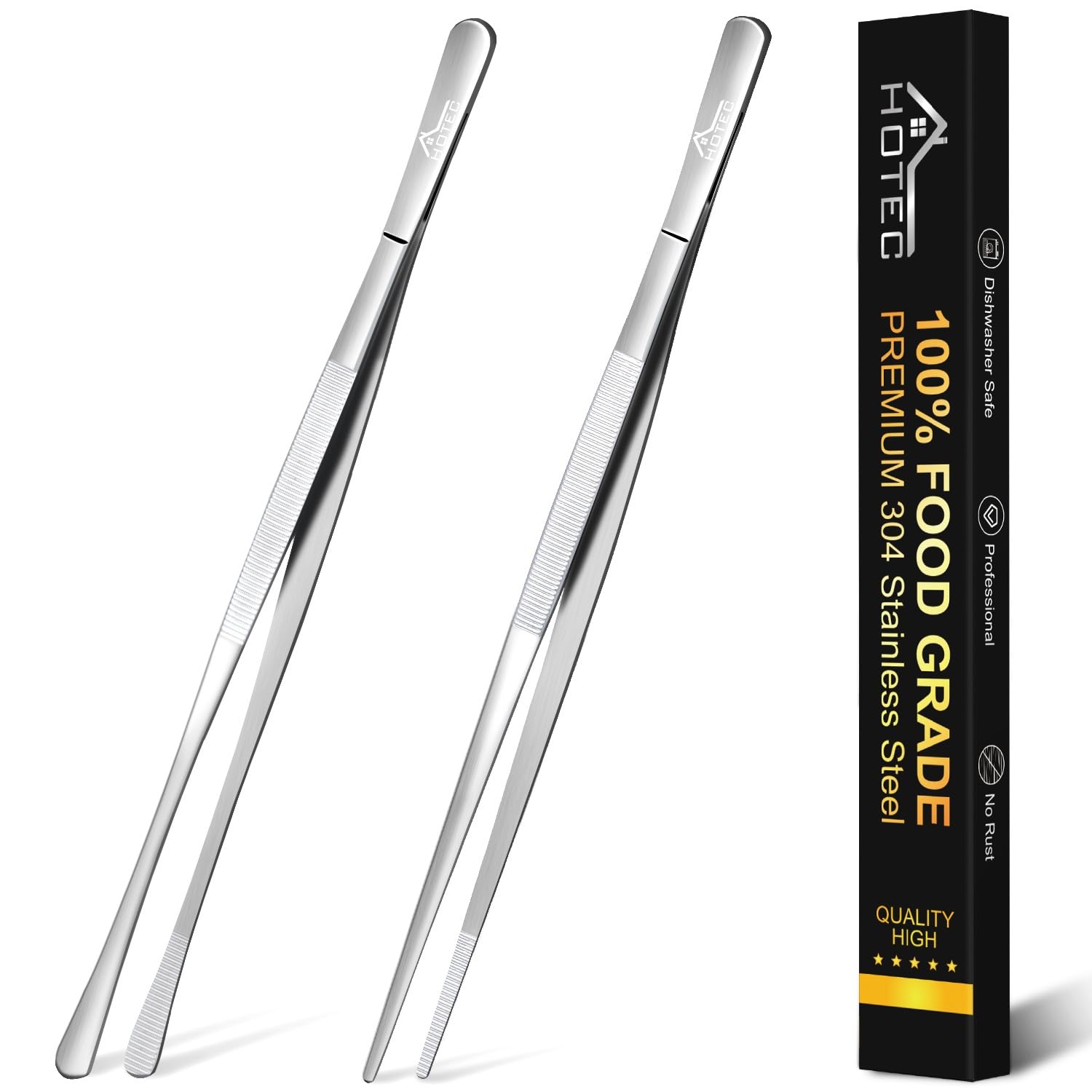 HOTEC kitchen tweezers with pointed and round tips for precise food handling during cooking.