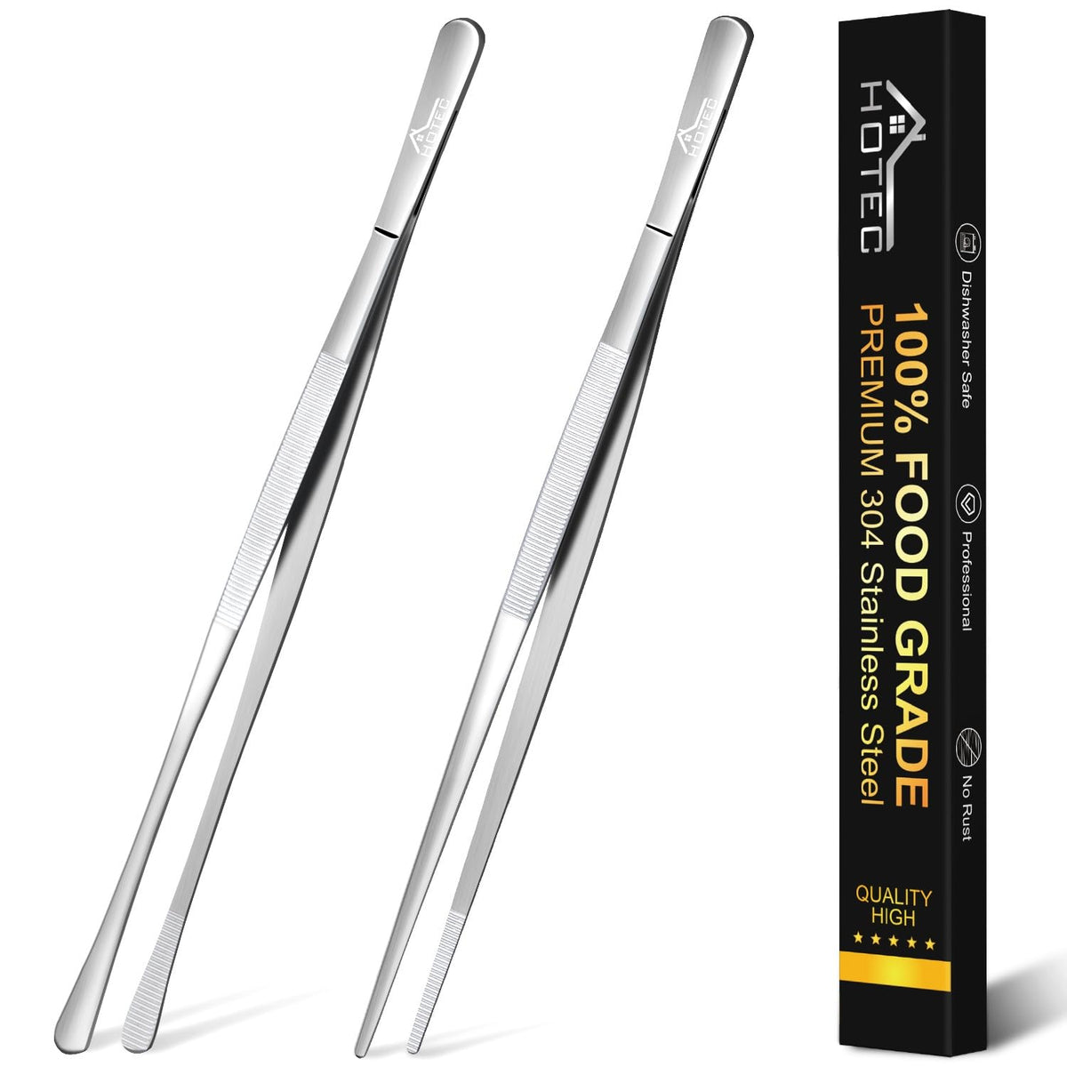 HOTEC kitchen tweezers with pointed and round tips for precise food handling during cooking.