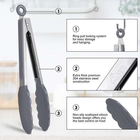 Hotec locking 9-inch tongs in stainless steel with secure storage.