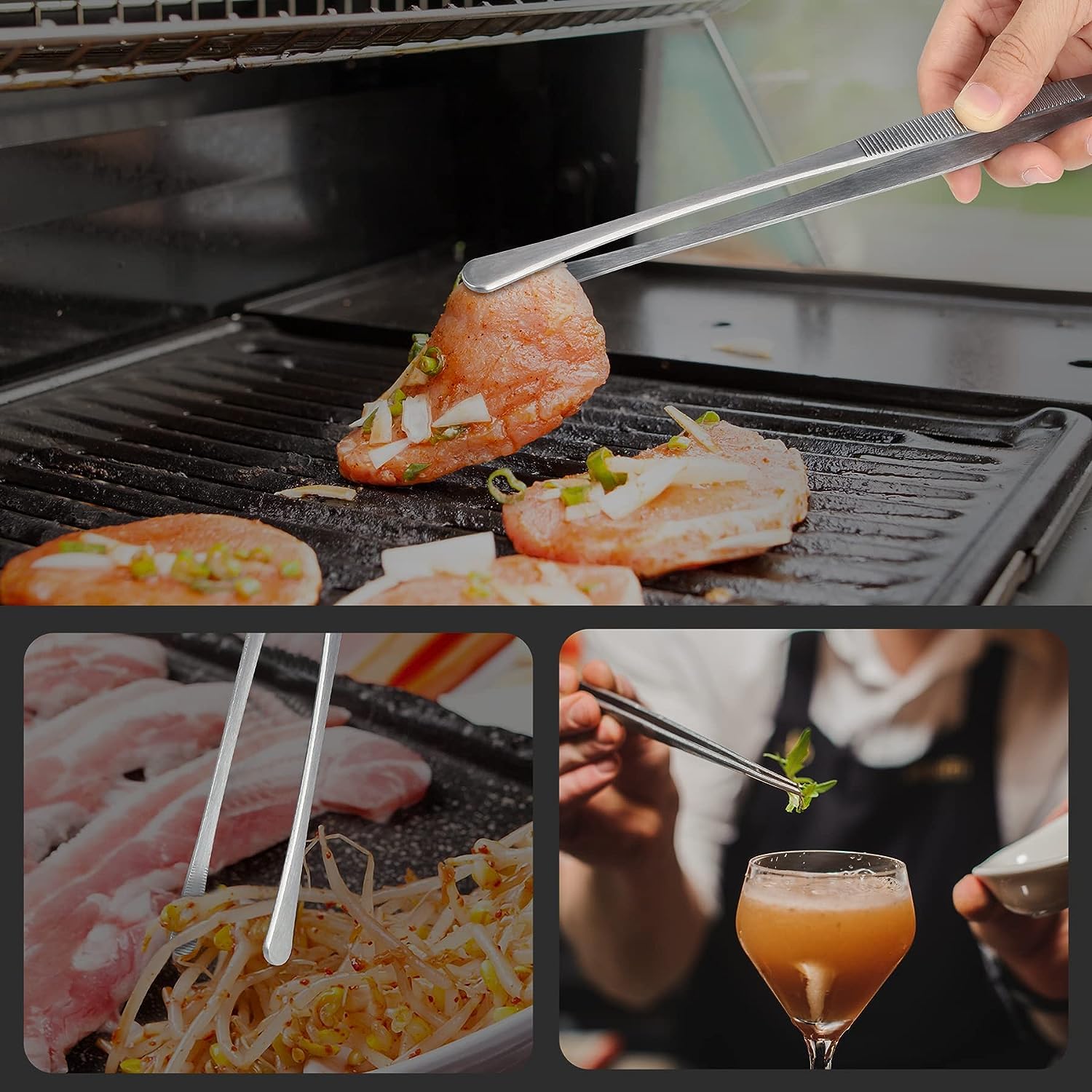 HOTEC long 12-inch tweezers keep hands away from heat while grilling.