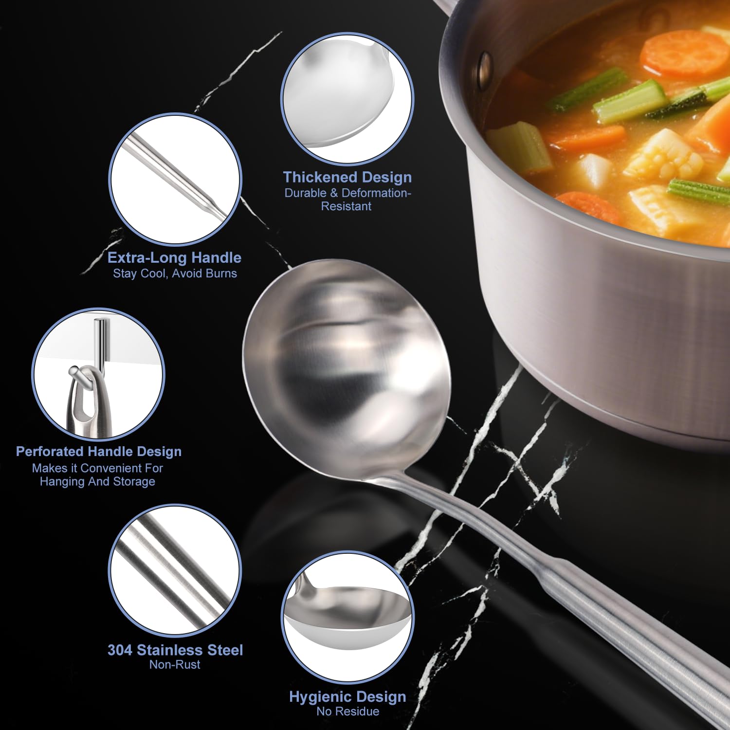 HOTEC one-piece construction ladle resists bending and cleans easily.