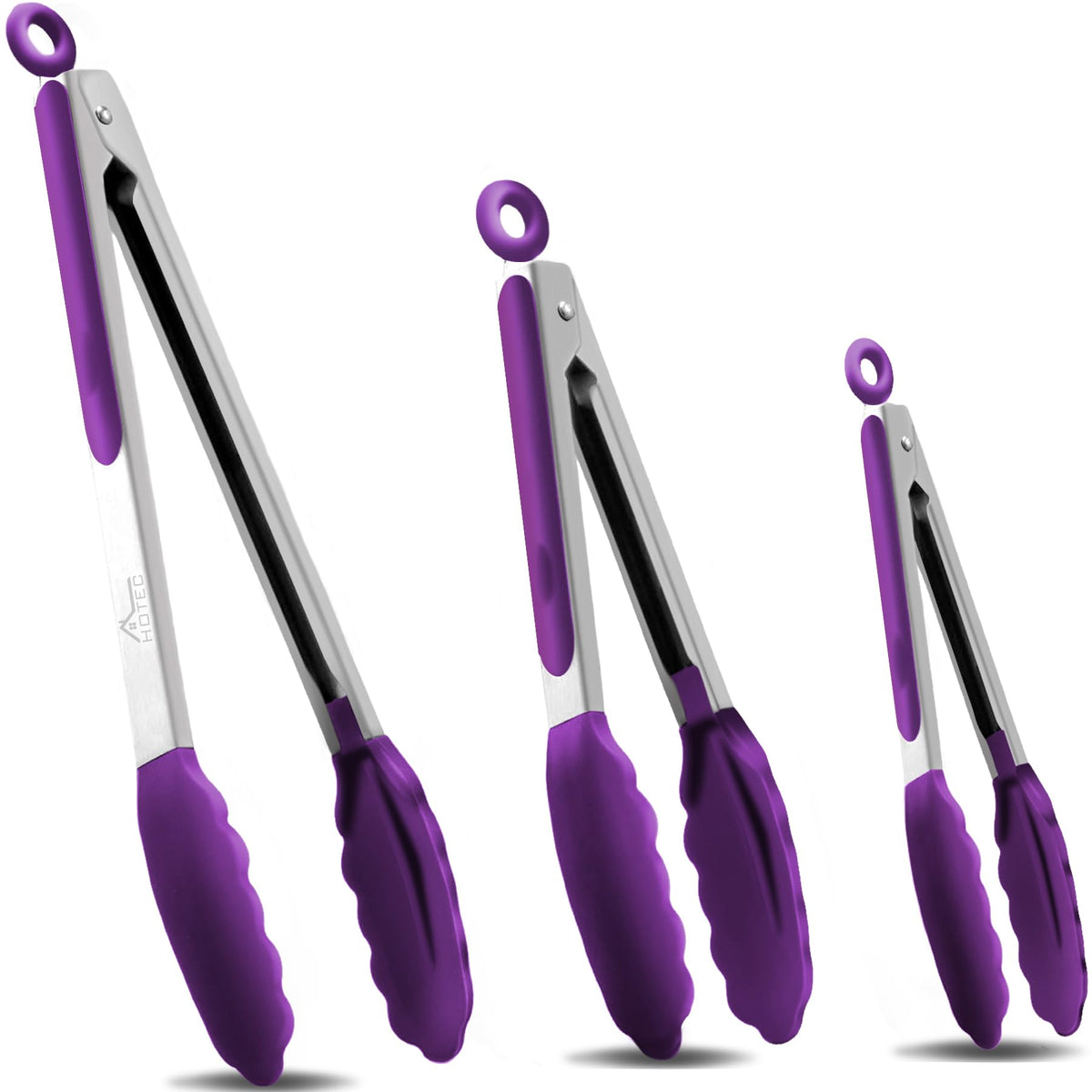 HOTEC 7in purple locking tongs with silicone tips for precise flipping.