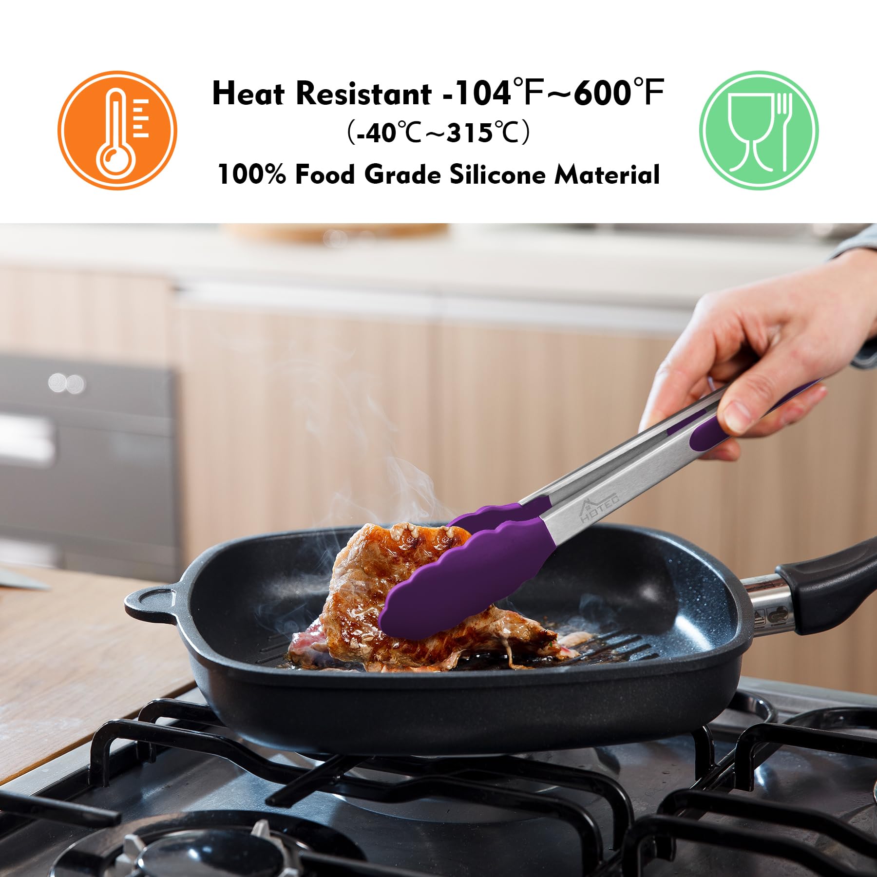 HOTEC 9in purple locking tongs with comfortable grip for versatile cooking.