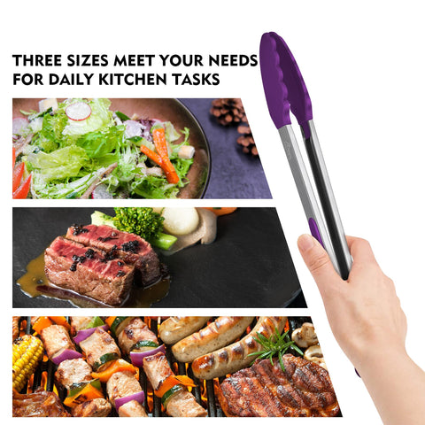 HOTEC dishwasher-safe purple tongs for easy cleanup after cooking.